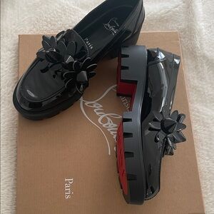 Christian Louboutin Glossy Black Loafers with Floral AccentNew with storereceipt